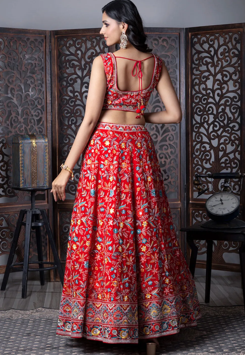 Embroidered Art Silk Lehenga in Red