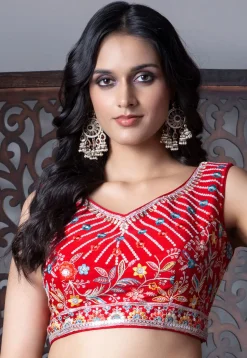 Embroidered Art Silk Lehenga in Red