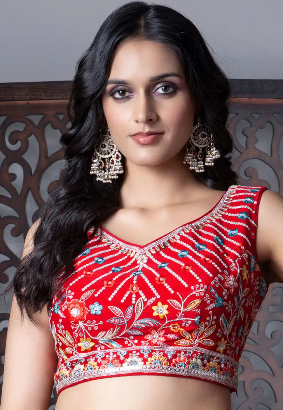 Embroidered Art Silk Lehenga in Red