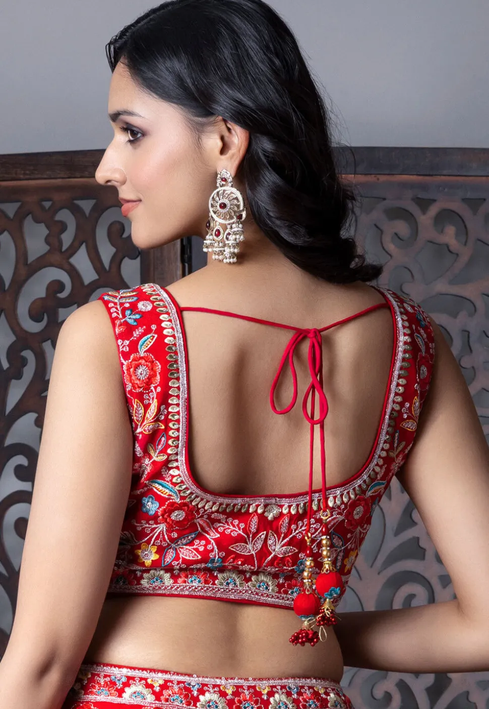 Embroidered Art Silk Lehenga in Red