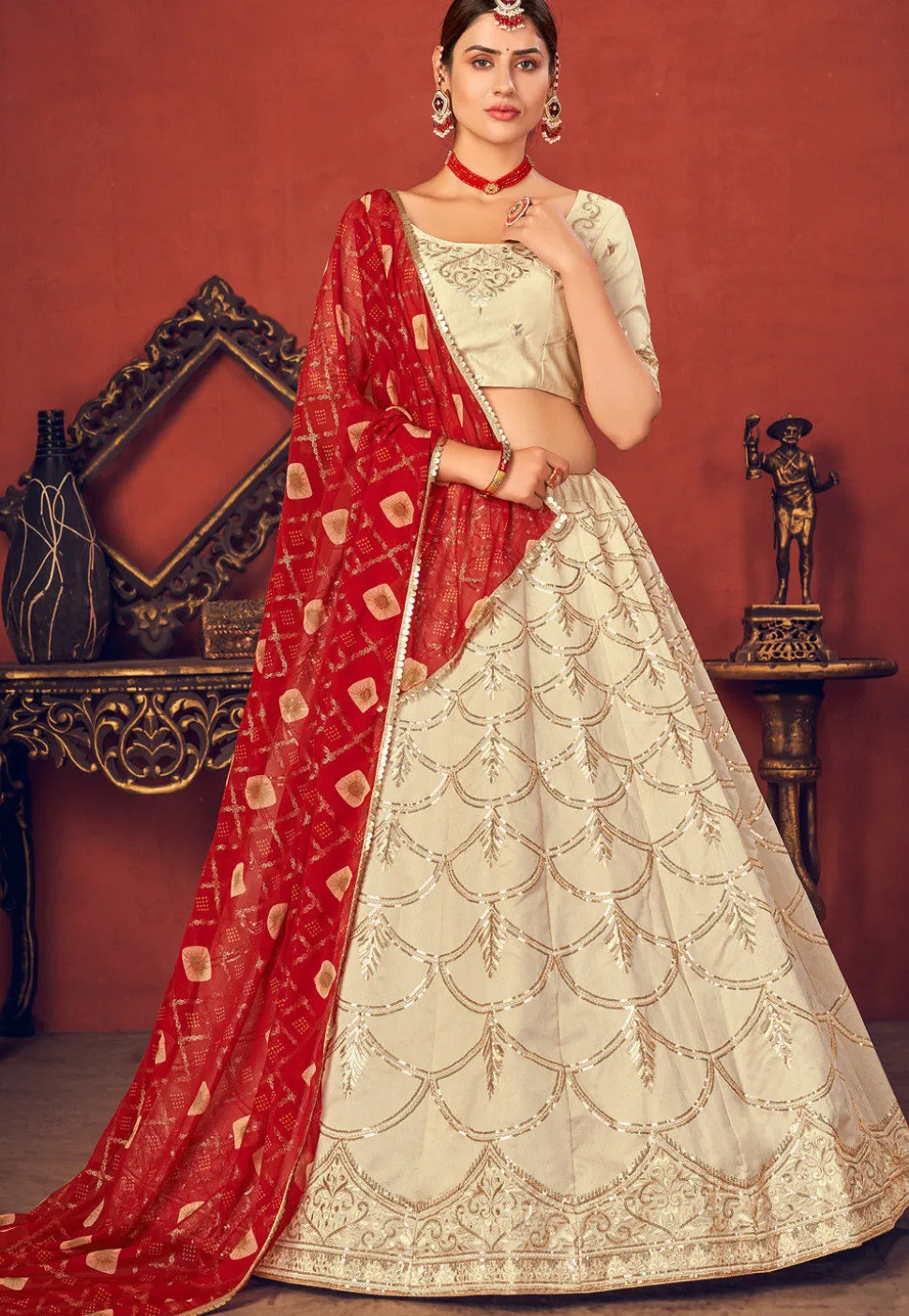 Embroidered Art Silk Lehenga in Cream