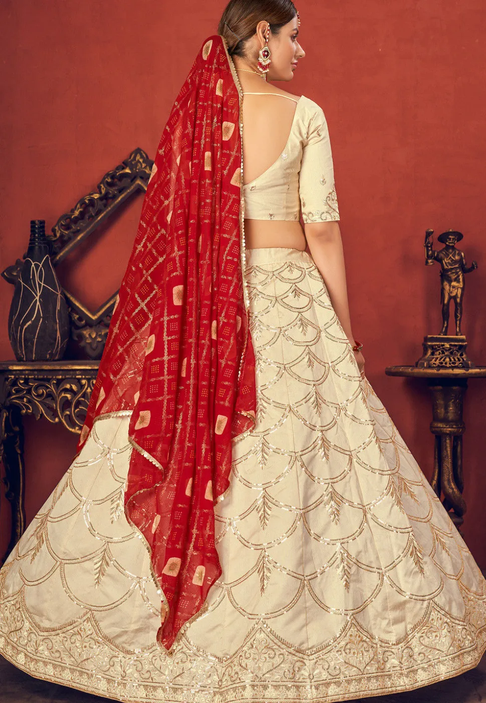 Embroidered Art Silk Lehenga in Cream