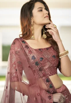 Embroidered Art Silk Lehenga in Old Rose