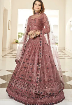 Embroidered Art Silk Lehenga in Old Rose