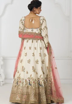 Embroidered Art Silk Lehenga in Off White