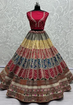 Embroidered Art Silk Lehenga in Multicolor
