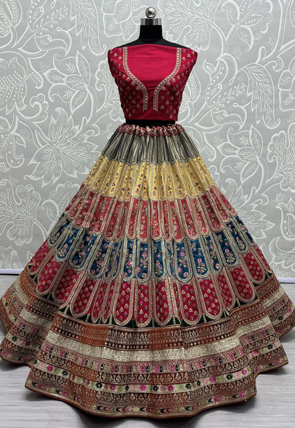 Embroidered Art Silk Lehenga in Multicolor