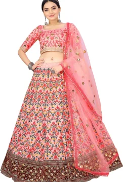 Embroidered Art Silk Lehenga in Pink