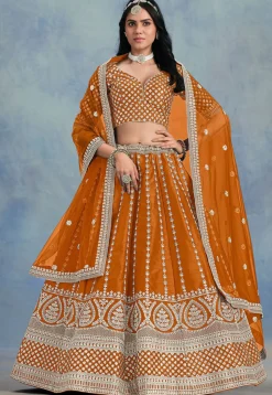 Embroidered Art Silk Lehenga in Orange