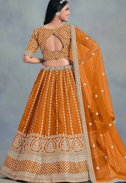 Embroidered Art Silk Lehenga in Orange