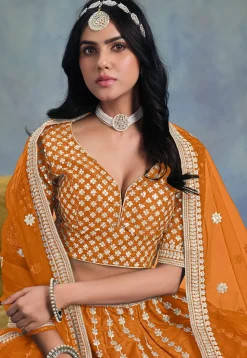 Embroidered Art Silk Lehenga in Orange