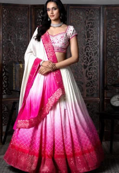 Embroidered Art Silk Lehenga in Off White and Pink Shaded