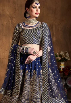Embroidered Art Silk Lehenga in Navy Blue