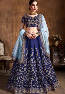 Embroidered Art Silk Lehenga in Dark Blue