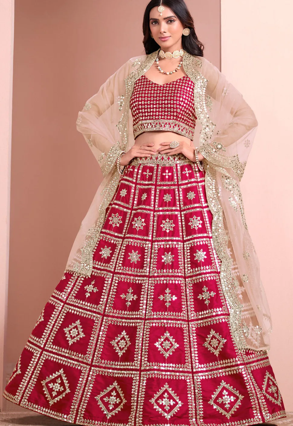 Embroidered Art Silk Lehenga in Fuchsia