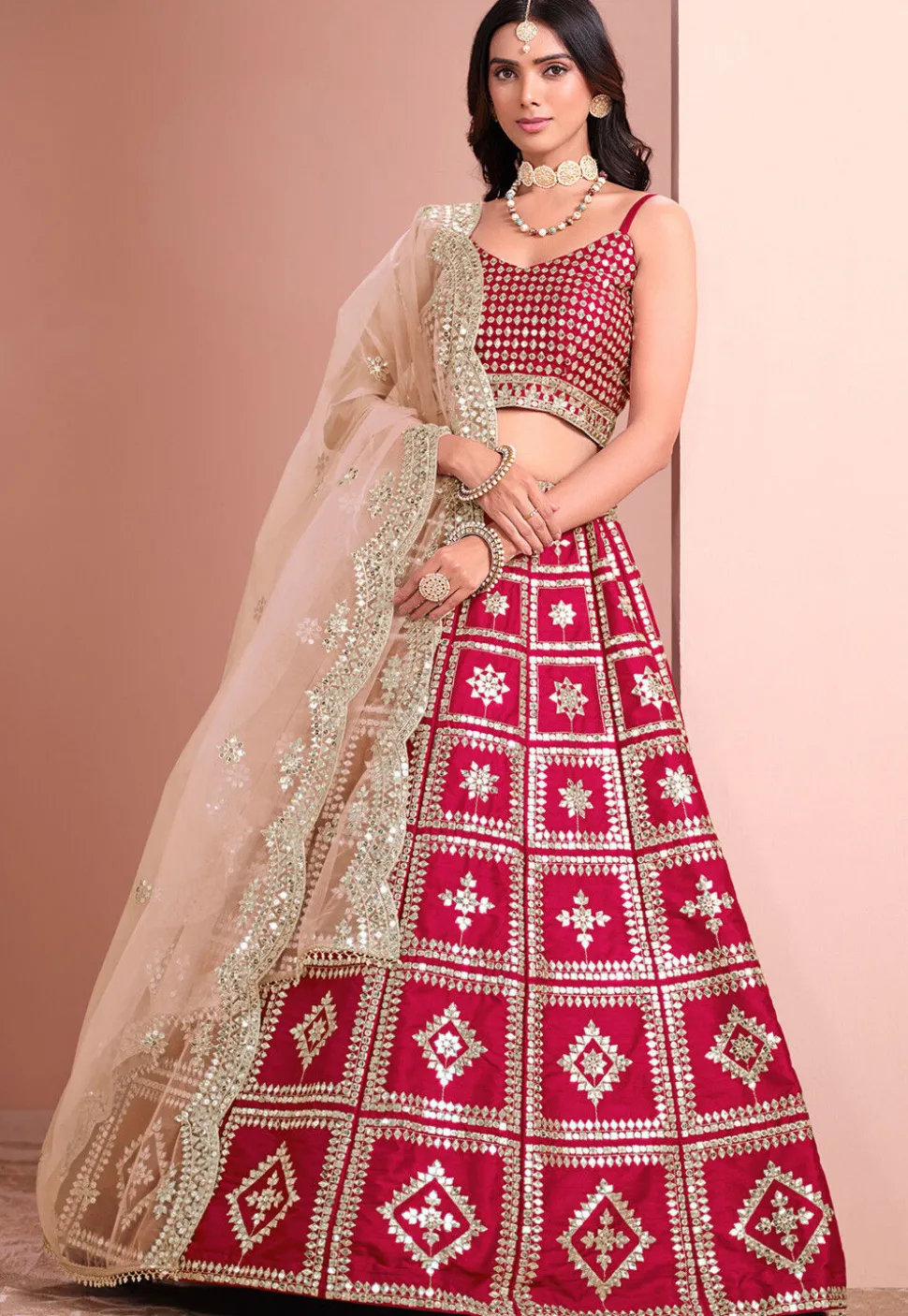 Embroidered Art Silk Lehenga in Fuchsia