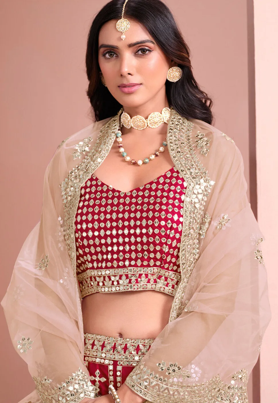 Embroidered Art Silk Lehenga in Fuchsia