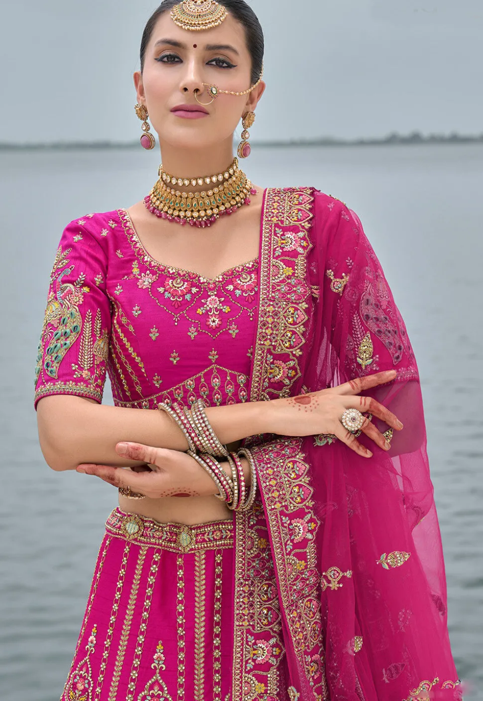 Embroidered Art Silk Lehenga in Magenta