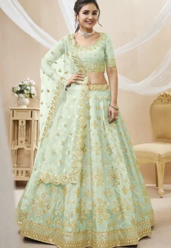 Embroidered Art Silk Lehenga in Light Green