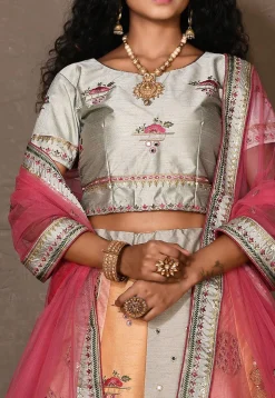 Embroidered Art Silk Lehenga in Multicolor