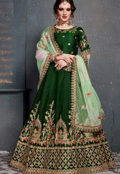 Embroidered Art Silk Lehenga in Dark Green