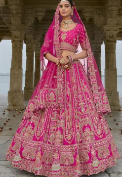 Embroidered Art Silk Lehenga in Fuchsia