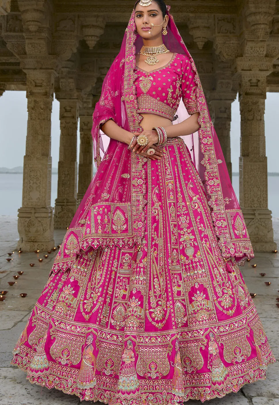 Embroidered Art Silk Lehenga in Fuchsia