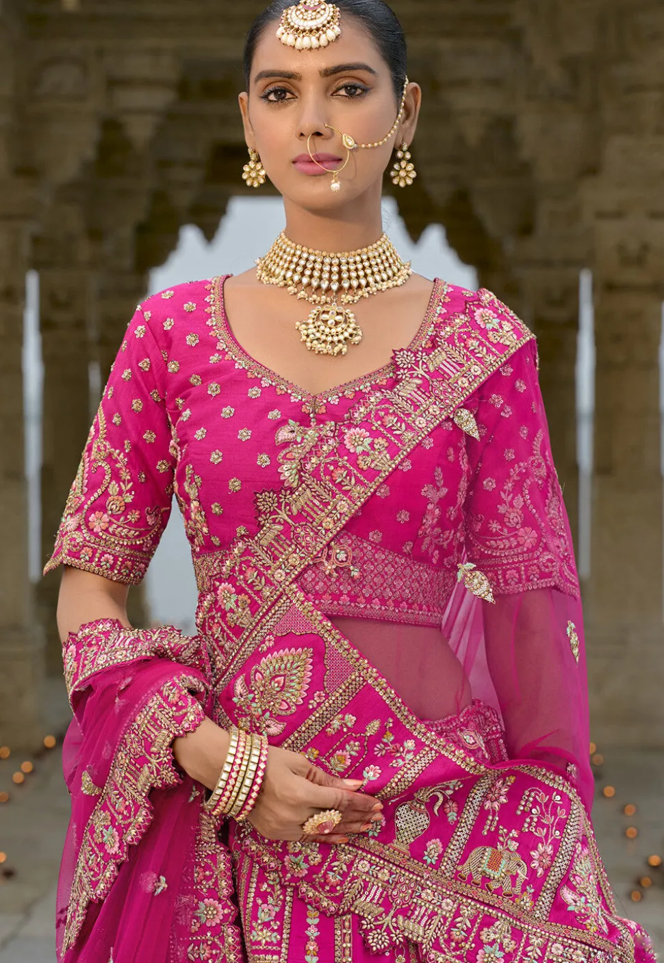 Embroidered Art Silk Lehenga in Fuchsia
