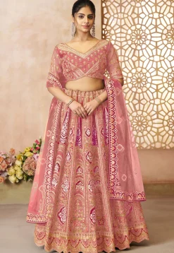 Embroidered Art Silk Lehenga in Pink