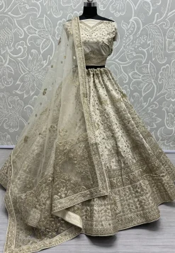 Embroidered Art Silk Lehenga in Beige