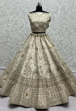 Embroidered Art Silk Lehenga in Beige
