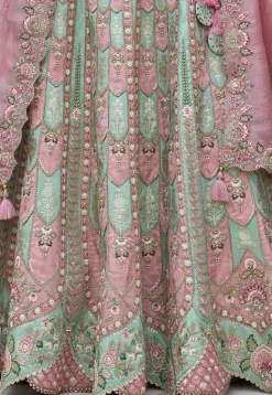 Embroidered Art Silk Lehenga in Sea Green and Peach