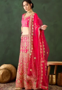 Embroidered Art Silk Lehenga in Pink