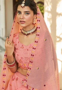Embroidered Art Silk Lehenga in Peach and Pink