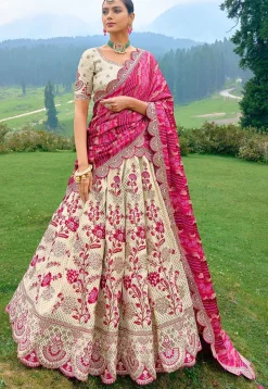 Embroidered Art Silk Lehenga in Off White