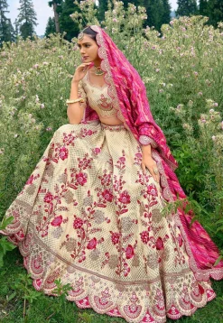 Embroidered Art Silk Lehenga in Off White