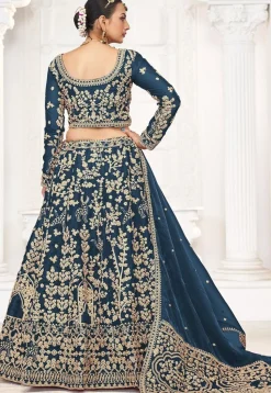 Embroidered Art Silk Lehenga in Teal Blue