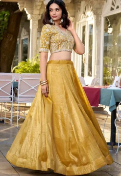 Embroidered Art Silk Lehenga in Mustard
