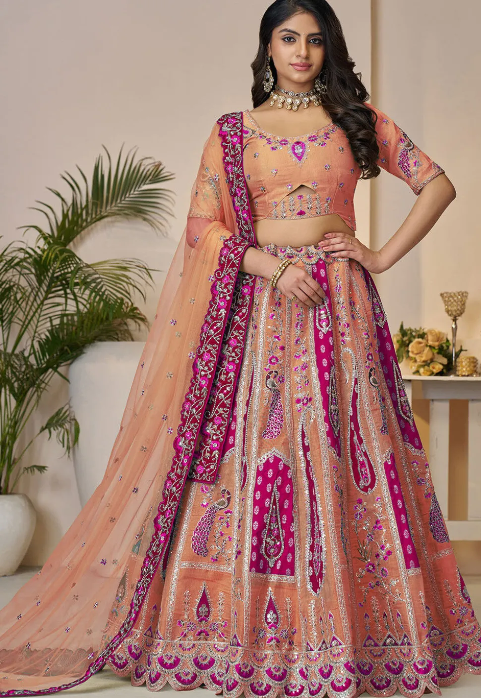 Embroidered Art Silk Lehenga in Peach