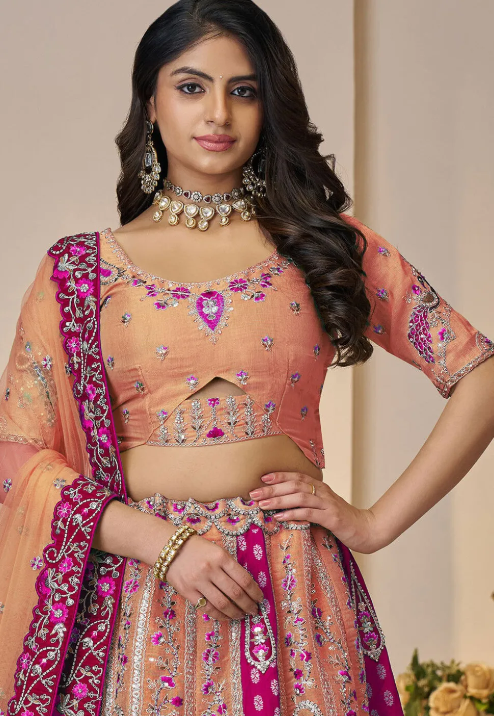 Embroidered Art Silk Lehenga in Peach