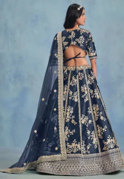 Embroidered Art Silk Lehenga in Navy Blue