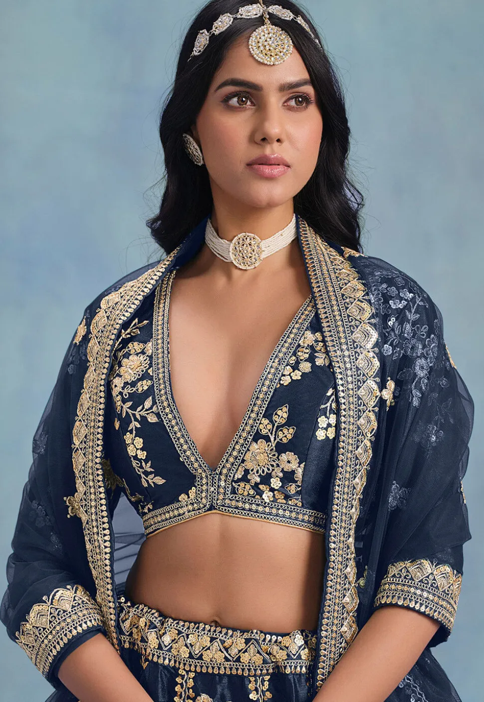 Embroidered Art Silk Lehenga in Navy Blue