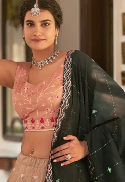 Embroidered Art Silk Lehenga in Peach and Dark Green