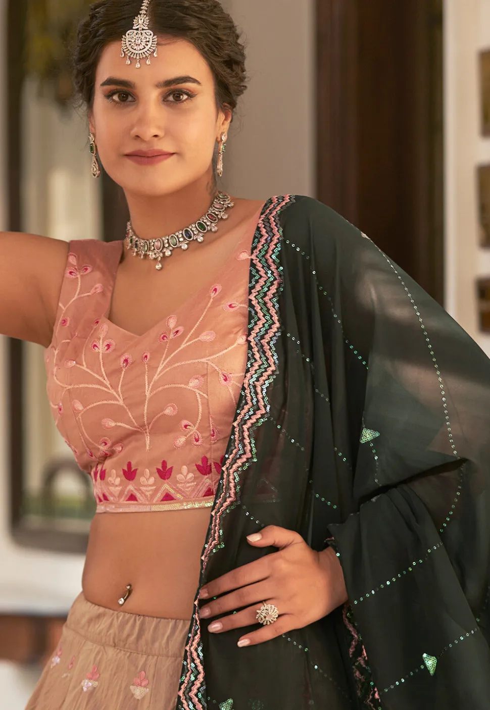 Embroidered Art Silk Lehenga in Peach and Dark Green