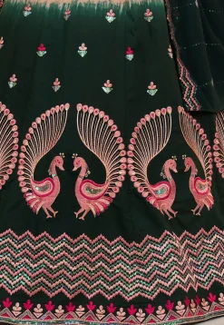Embroidered Art Silk Lehenga in Peach and Dark Green