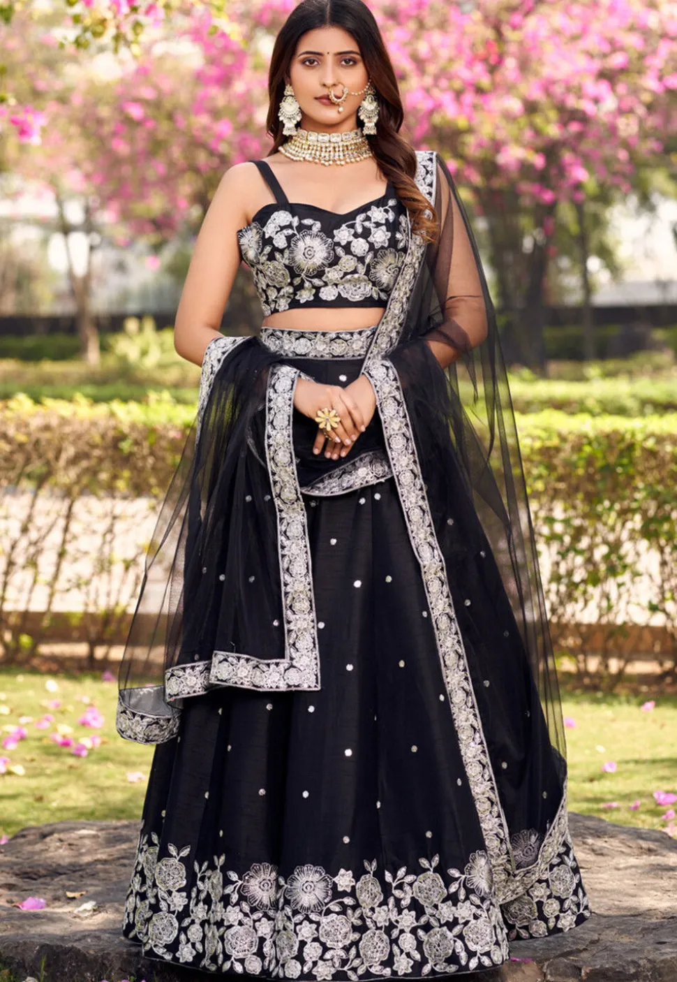 Embroidered Art Silk Lehenga in Black