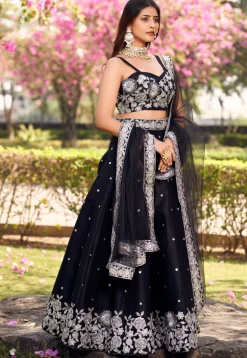 Embroidered Art Silk Lehenga in Black