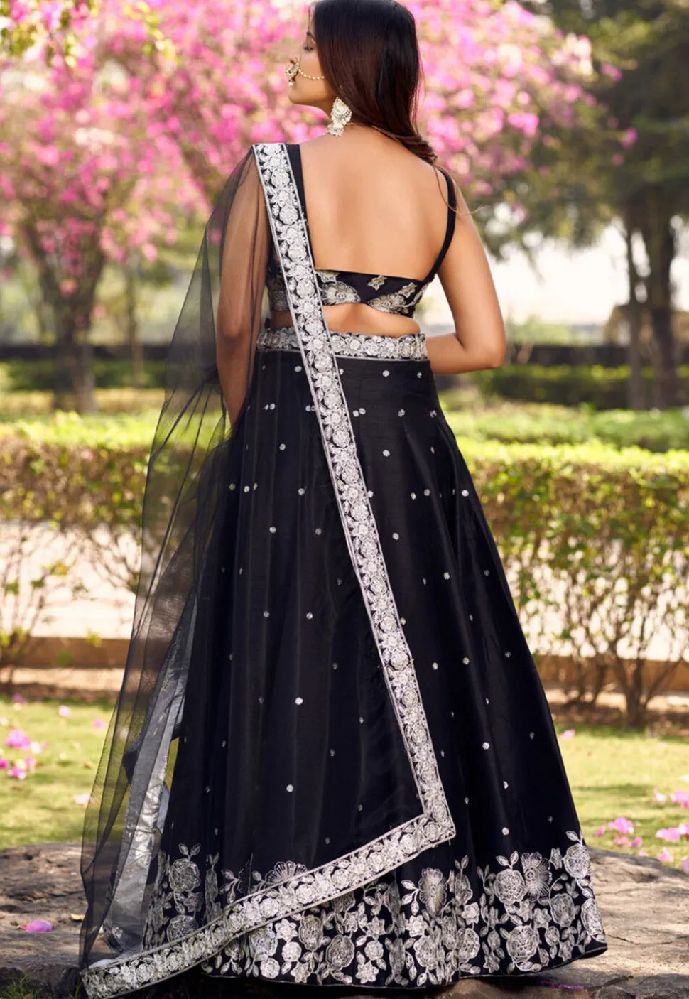 Embroidered Art Silk Lehenga in Black