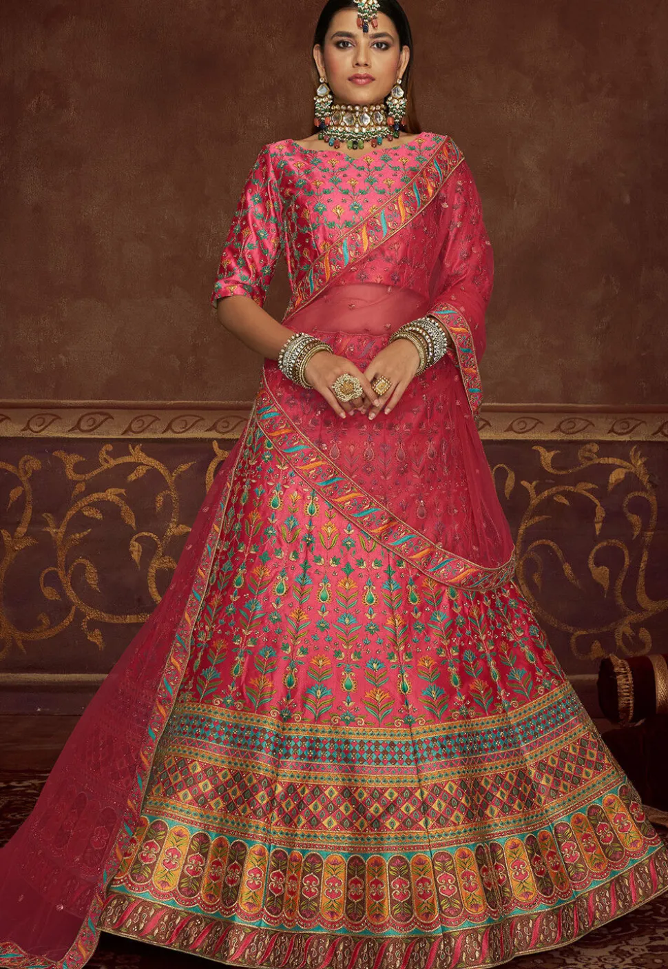 Embroidered Art Silk Lehenga in Pink