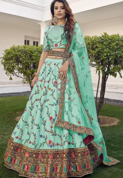 Embroidered Art Silk Lehenga in Sea Green